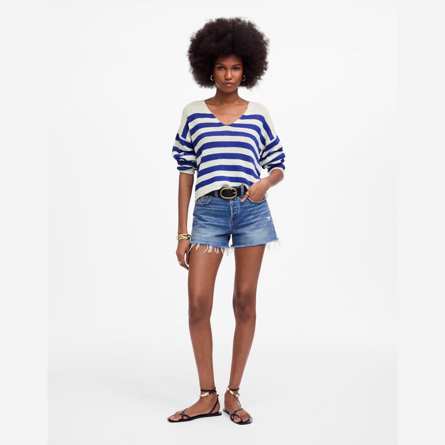 azul blanco madewell ropa de cuello en v suéter de la mujer