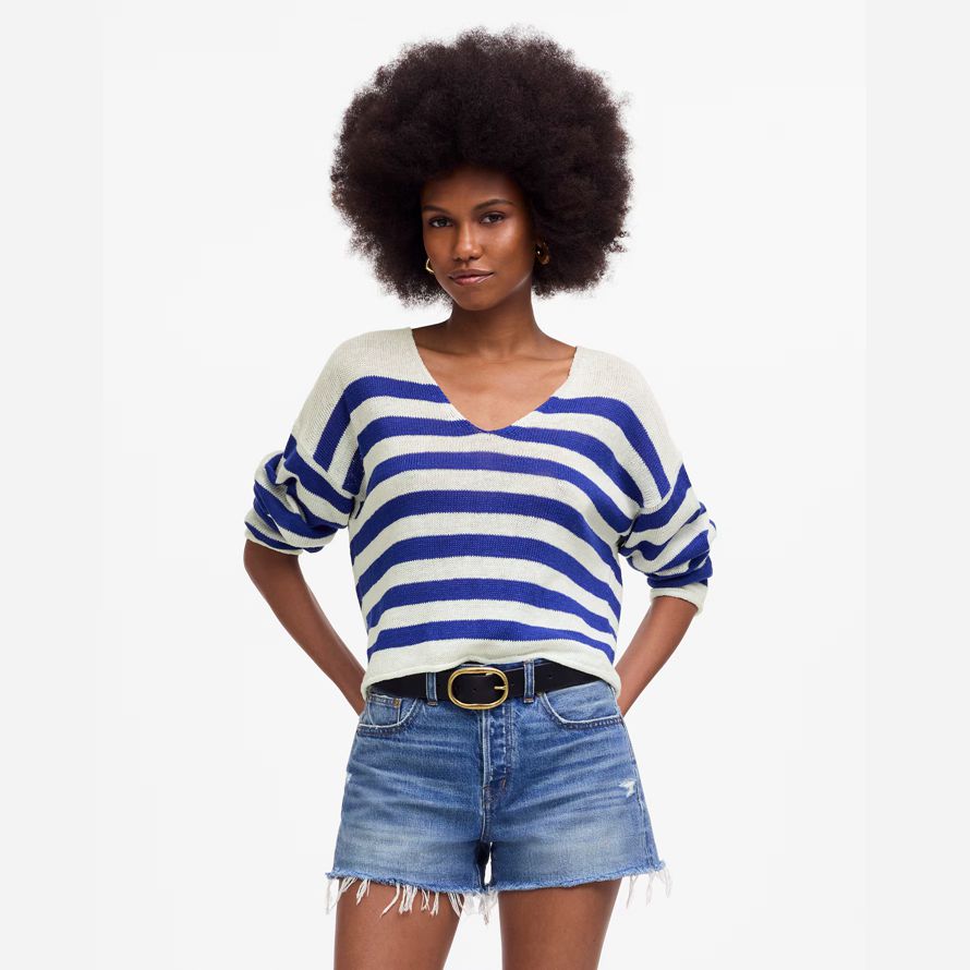 azul blanco madewell ropa de cuello en v suéter de la mujer